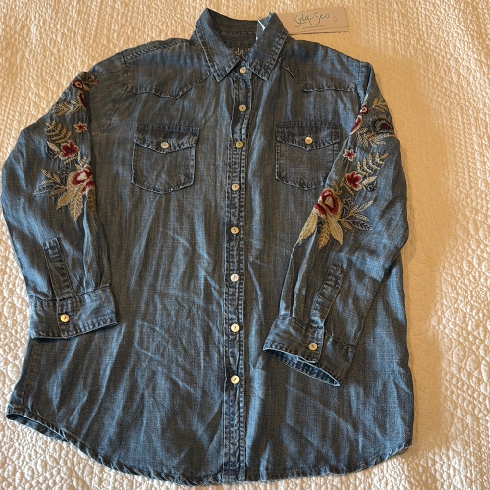 Embroidered Denim Button-Up Shirt